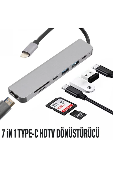 7in1 Type-C HDMI Çevirici Hub Çoklayıcı Tablet-PC-Telefon-TV Adaptör HDMI 4K/USB/TF/SD/TYPEC Giriş ürün görseli 1