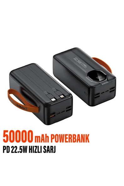 50.000 mAh Hızlı Şarj PD 22.5W Taşıma Askılı  Powerbank 4x USB 2x Type-C Kendinden Kablolu Powerbank ürün görseli 1
