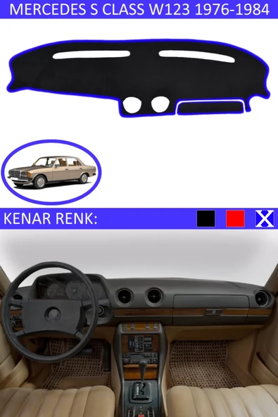 Torpido Koruma Halısı Siyah Kenar Renk Mavi Mercedes S Class W 123 1976-1984 ile Uyumlu ürün görseli 1