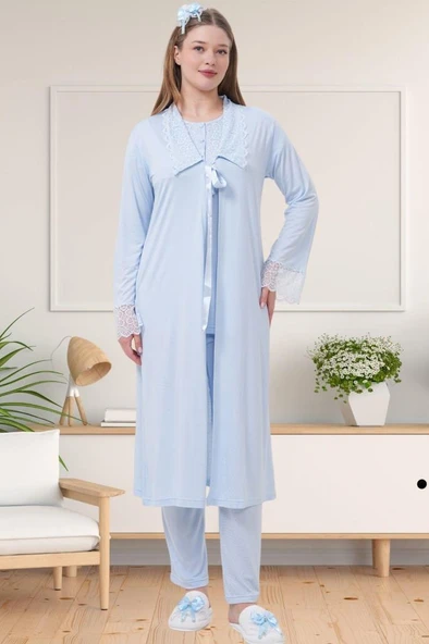 Mecit 1541 Bayan Hamile Lohusa Mavi Uzun Sabahlıklı Pijama Takımı ürün görseli 1