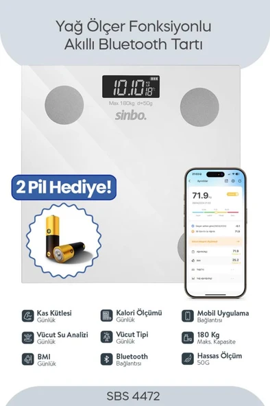 Sinbo SBS- Bluetooth Dijital Yağ Su Kas Vücut Kitle Endeksi Kilo Ölçer Tartı Baskül ürün görseli 1
