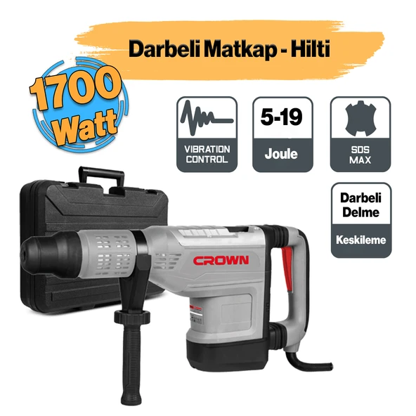 Crown CT18190 Kırıcı Delici Hilti 12 Kg Darbeli Matkap 1700 W Metal Beton Kömürlü Delme 19 Joule Güç ürün görseli 1