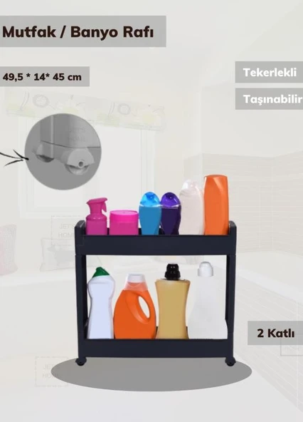 Tekerlekli Raf 2 Katlı Dar Yer Organizeri Siyah - Resim 2