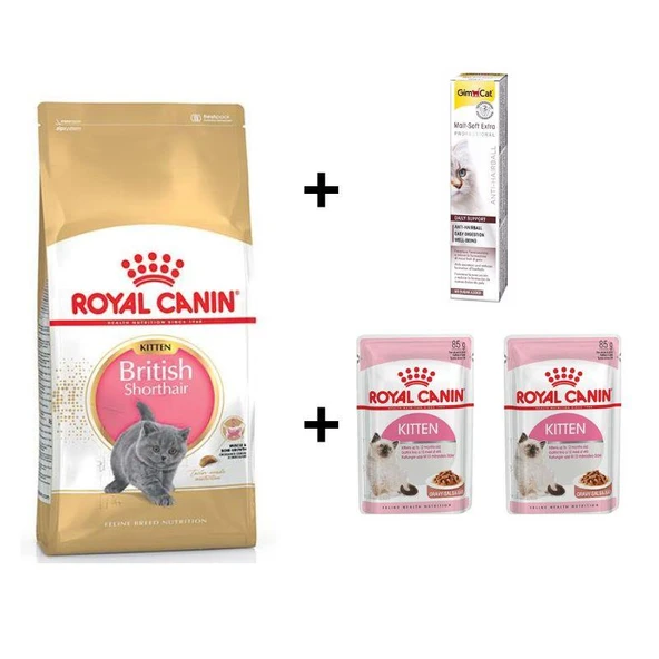 Royal Canin Kitten British Shorthair Yavru Kedi Maması 2 kg + 2 Adet RC Yaş Mama 85 gr + 20 gr GimCat Malt ürün görseli 1