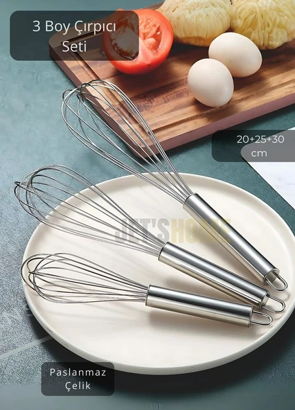 3’lü Set Çelik Çırpıcı Yumurta Çırpıcı Kek Çırpıcı Çorba Çırpıcısı 20-25-30 cm ürün görseli 1