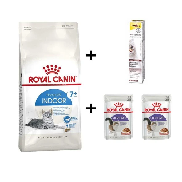 Royal Canin İndoor 7+ Yaşlı Kuru Kedi Maması 1,5 Kg + 2 Adet RC Yaş Mama 85 gr + 20 gr GimCat Malt ürün görseli 1