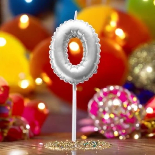 GÜMÜŞ DOĞUM GÜNÜ BALON ŞEKLİNDE MUM PASTA MUMU 0 NUMARA ürün görseli 1