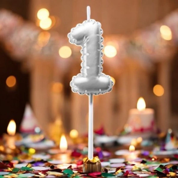 GÜMÜŞ DOĞUM GÜNÜ BALON ŞEKLİNDE MUM PASTA MUMU 1 NUMARA ürün görseli 1