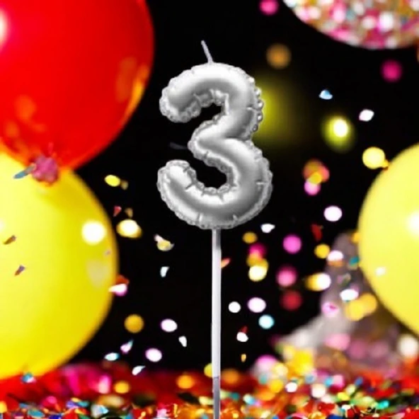 GÜMÜŞ DOĞUM GÜNÜ BALON ŞEKLİNDE MUM PASTA MUMU 3 NUMARA ürün görseli 1
