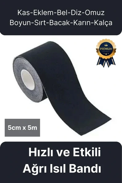 Hızlı Etkili Siyah Bel Diz Omuz Boyun Sırt Bacak Kas Eklem Kinezyo Ağrı IsıI Bandı 5cm x 5m ürün görseli 1