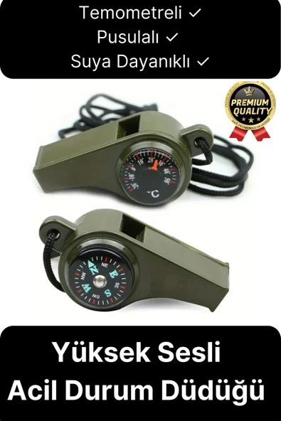 Çok Fonksiyonlu Yüksek Sesli Pusulalı Termometreli Suya Dayanıklı Kamp Deprem Acil Durum Düdüğü ürün görseli 1