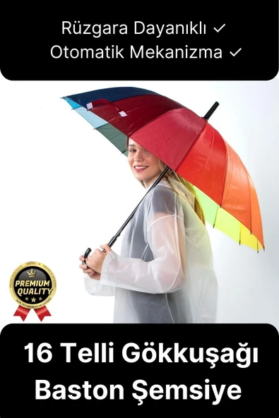 Özel Tasarım Rüzgara Dayanıklı Otomatik Model Fiber 16 Telli  Gökkuşağı Desenli Baston Şemsiye 55cm ürün görseli 1
