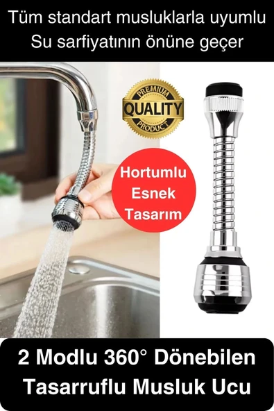 Premium 2 Modlu Hortumlu 360° Dönebilen Perlatör Başlık Mutfak Lavabo Tasarruflu Musluk Ucu Tasarım ürün görseli 1