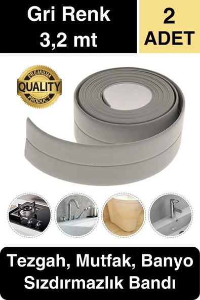 Premium Gri Ocak Tezgah Kenarı Banyo Mutfak Sızdırmaz Bant Su Geçirmez Küfe Dayanıklı 3,2 mt 2 Adet ürün görseli 1