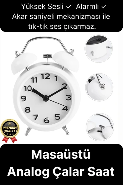 Premium Kalite Dekoratif Pilli Yüksek Sesli Alarmlı Çift Çan Formlu Masaüstü Mini Analog Çalar Saat ürün görseli 1