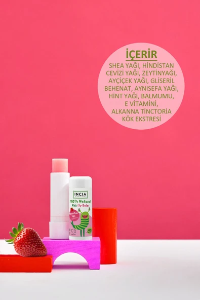 Incia %100 Doğal Kids Dudak Besleyici Çilek Bitkisel Nemlendirici Dudak Bakım Kremi 6 gr ürün görseli 1