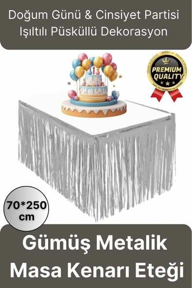 Premium Dekorasyon Püsküllü Işıltılı Doğum Günü Cinsiyet Partisi Gümüş Masa Kenarı Eteği 70*250cm ürün görseli 1