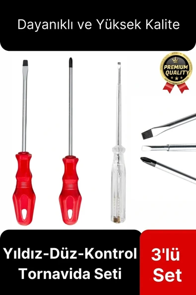 Premium Dayanıklı Ergonomik Vidalama Tamir Tadilat Yıldız Düz Kontrol Kalemi 3'lü Tornavida Seti ürün görseli 1