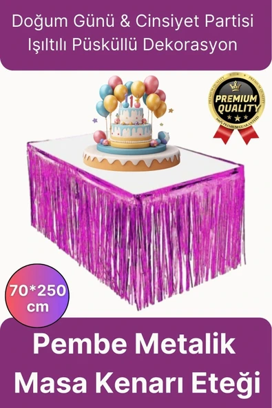 Premium Dekorasyon Püsküllü Işıltılı Doğum Günü Cinsiyet Partisi Pembe Masa Kenarı Eteği 70*250cm ürün görseli 1