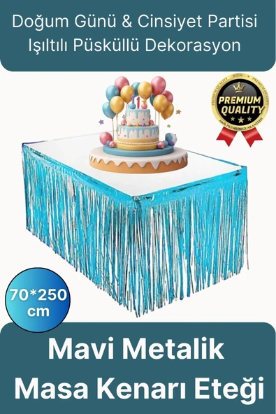 Premium Dekorasyon Püsküllü Işıltılı Doğum Günü Cinsiyet Partisi Mavi Masa Kenarı Eteği 70*250cm ürün görseli 1