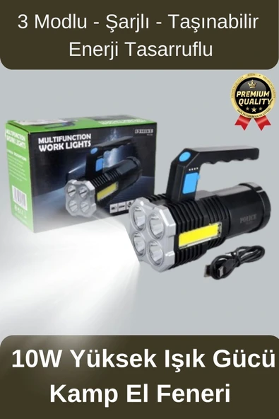 Çok Amaçlı Taşınabilir Enerji Tasarruflu 10w Yüksek Işık Gücünde 3 Modlu Ledli Şarjlı El Kamp Feneri ürün görseli 1