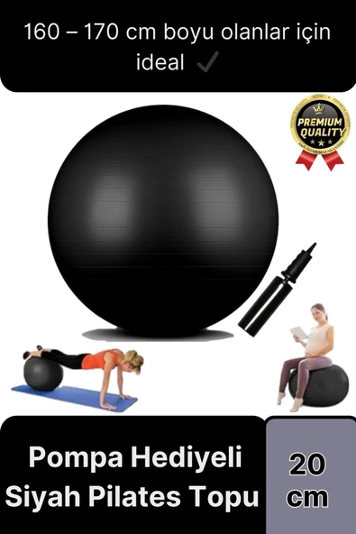 Premium Mini Gymball 20cm Jimnastik Denge Fitness Spor Şişirme Pompası Hediyeli Siyah Pilates Topu ürün görseli 1