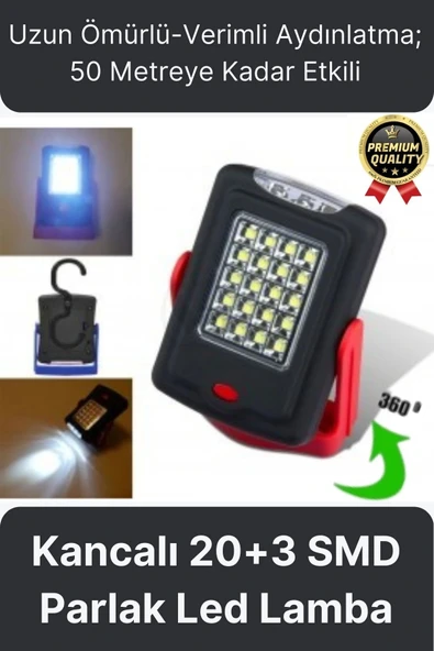 Premium Kancalı Asılabilir Mıknatıslı Pilli Beyaz Işık 50 Metre Mesafeli 20+3 SMD Parlak Led Lamba ürün görseli 1