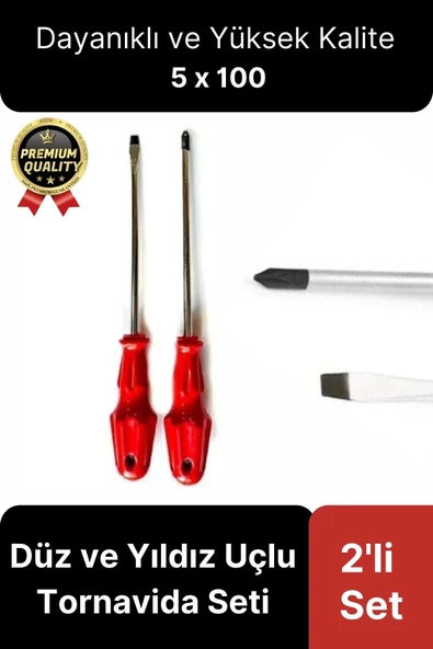 Yüksek Kalite Dayanıklı Pratik Ergonomik Tamir Vidalama Düz ve Yıldız Uçlu 2'li Tornavida Seti 5x100 ürün görseli 1