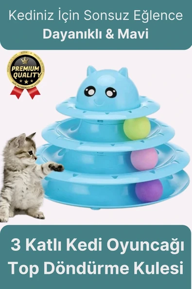 Premium Eğlenceli Renkli Dayanıklı Yuvarlak Kauçuk Pedli 3 Katlı Kedi Oyuncağı Top Döndürme Kulesi ürün görseli 1