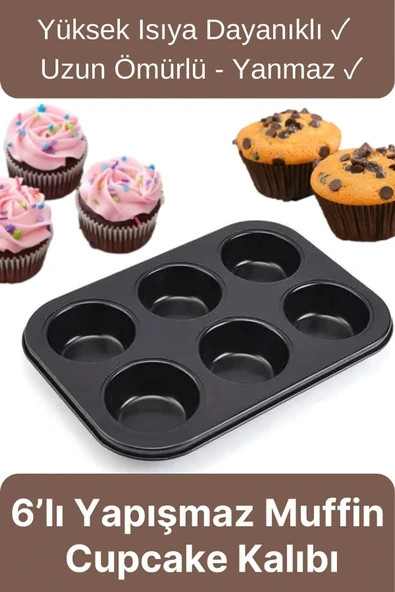 Çok Amaçlı Mutfak Yüksek Isıya Dayanıklı Yıkanabilir Yanmaz Yapışmaz 6’lı Kek Muffin Cupcake Kalıbı ürün görseli 1