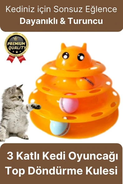 Premium Eğlenceli Renkli Dayanıklı Yuvarlak Kauçuk Pedli 3 Katlı Kedi Oyuncağı Top Döndürme Kulesi ürün görseli 1