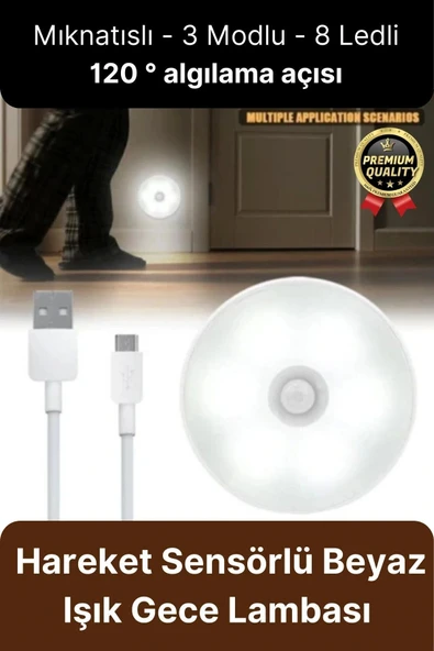 Premium Hareket Sensörlü Usb Şarj Edilebilir Mıknatıslı 3 Mod 8 Ledli Beyaz Işık Gece Lambası 1 Adet ürün görseli 1