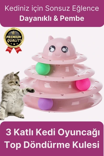 Premium Eğlenceli Renkli Dayanıklı Yuvarlak Kauçuk Pedli 3 Katlı Kedi Oyuncağı Top Döndürme Kulesi ürün görseli 1