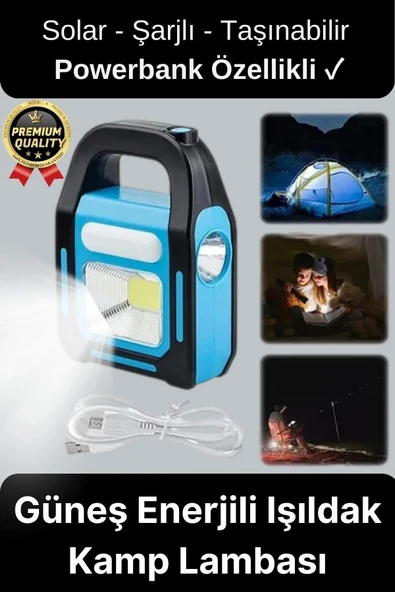Çok Amaçlı Güneş Enerjili Powerbank USB Şarj Edilebilir Su Geçirmez Solar Işıldak Fener Kamp Lambası ürün görseli 1