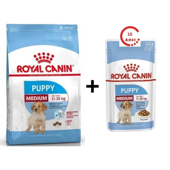 Royal Canin Medium Puppy Orta Irk Yavru Köpek Maması 15 Kg + 10 Adet  Royal Canin Medium Puppy Köpek Yaş Maması 140g ürün görseli 1