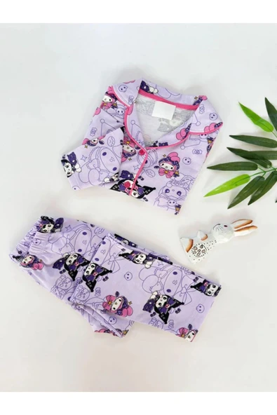 Kız Çocuk Düğmeli Tavşan Desenli Uzun Kollu Pijama Takımı ürün görseli 1