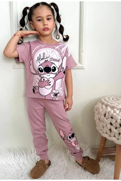 Kız Çocuk Stitchh Desenli Kısa Kollu  Tshırt Eşofman 2'Li Takım ürün görseli 1