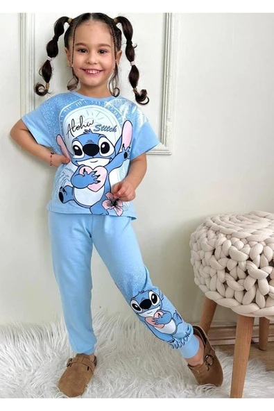 Kız Çocuk Stitchh Desenli Kısa Kollu  Tshırt Eşofman 2'Li Takım ürün görseli 1