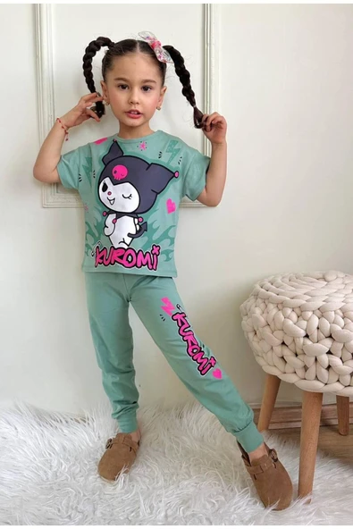 Kız Çocuk Kedi Desenli Kısa Kollu Tshırt Eşofman 2'Li Takım ürün görseli 1