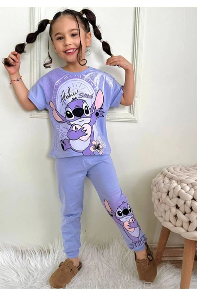 Kız Çocuk Stitchh Desenli Kısa Kollu  Tshırt Eşofman 2'Li Takım ürün görseli 1