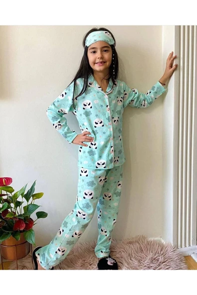 Erkek Çocuk Düğmeli Panda Desenli Uzun Kollu Pijama Takımı ürün görseli 1