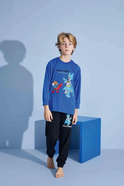 Erkek Çocuk Sevimli Kedi Desenli Uzun Kollu Pijama Takımı ürün görseli 1