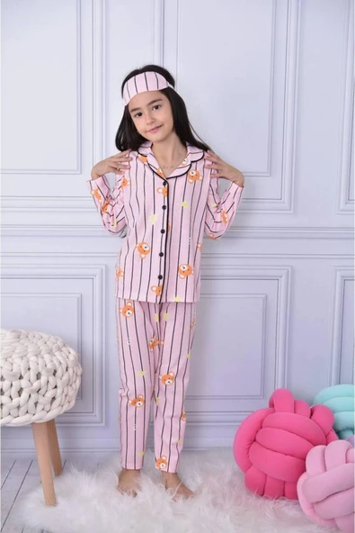 Kız Çocuk Düğmeli Ayıcık Desenli Uzun Kollu Pijama Takımı ürün görseli 1