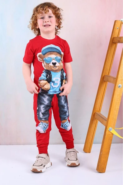 Erkek Çocuk Ayı Desenli Kısa Kollu Tshırt Eşofman 2'Li Takım ürün görseli 1