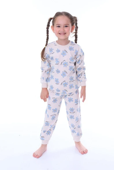 Kız Çocuk Mavi Çiçek Desenli Uzun Kollu Pijama Takımı ürün görseli 1