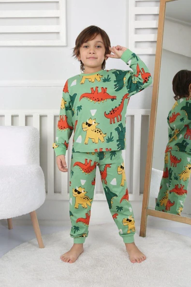 Erkek Çocuk Dino Desenli Uzun Kollu Pijama Takımı ürün görseli 1