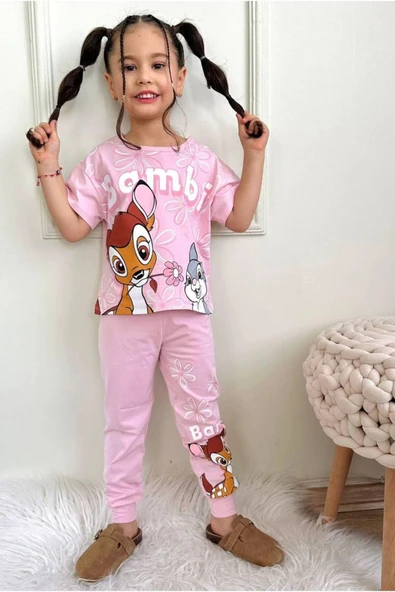 KIZ ÇOCUK DESENLİ KISA KOLLU TSHIRT PİJAMA 2'Lİ TAKIM ürün görseli 1