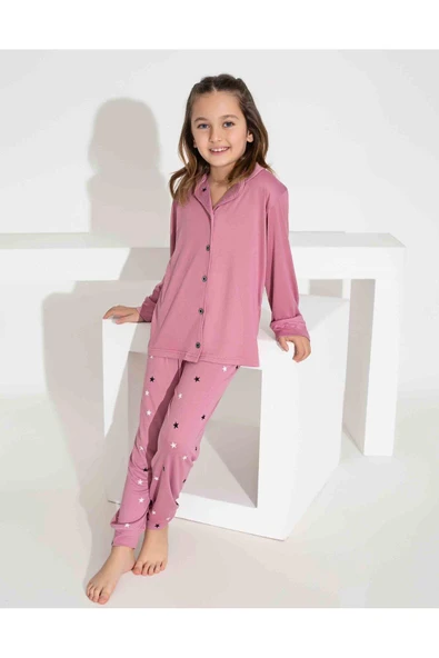 Kız Çocuk Yakası Kalp Desenli Düğmeli Uzun Kollu  Pijama Takımı ürün görseli 1