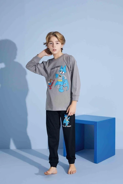 Erkek Çocuk Sevimli Kedi Desenli Uzun Kollu Pijama Takımı ürün görseli 1