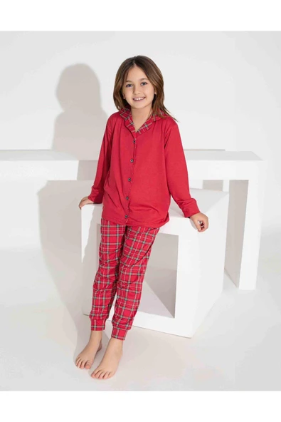 Kız Çocuk Yakası Ekose Desenli Düğmeli Uzun Kollu  Pijama Takımı ürün görseli 1